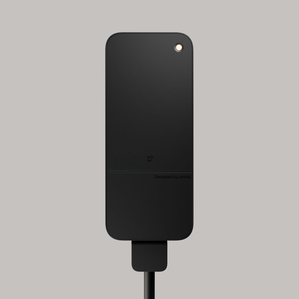 amina S home EV charger in matte black, front-facing product image highlighting compact Scandinavian design, integrated LED indicator and dependable AC charging for residential installations.