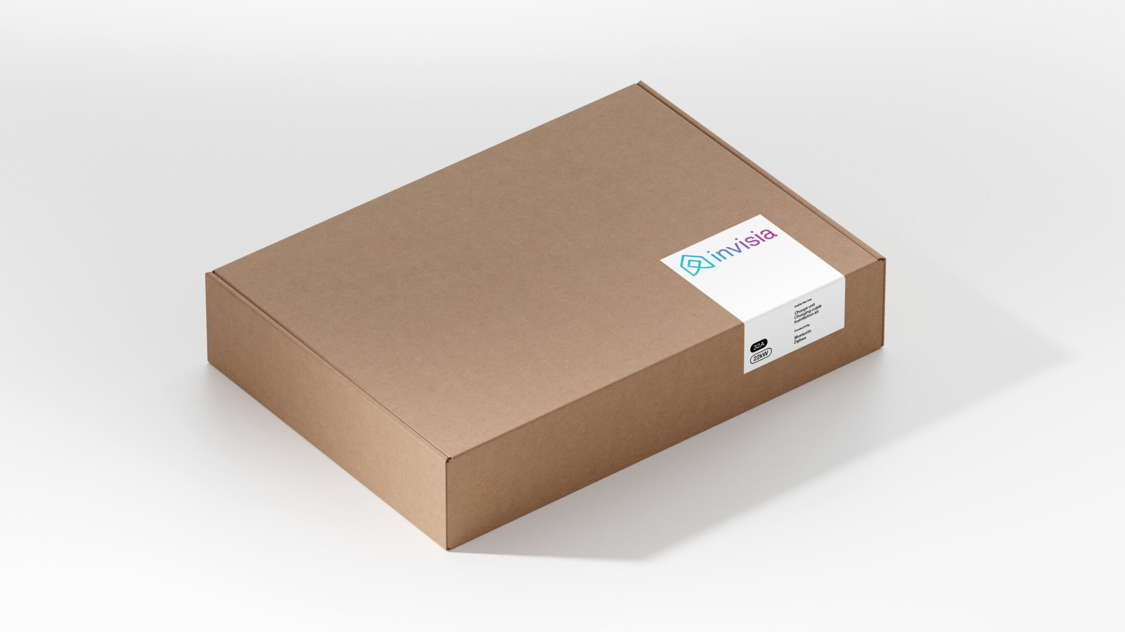 White-label amina C EV charger packaging with invisia branding, illustrating customised hardware delivery for integrated EV charging solutions.