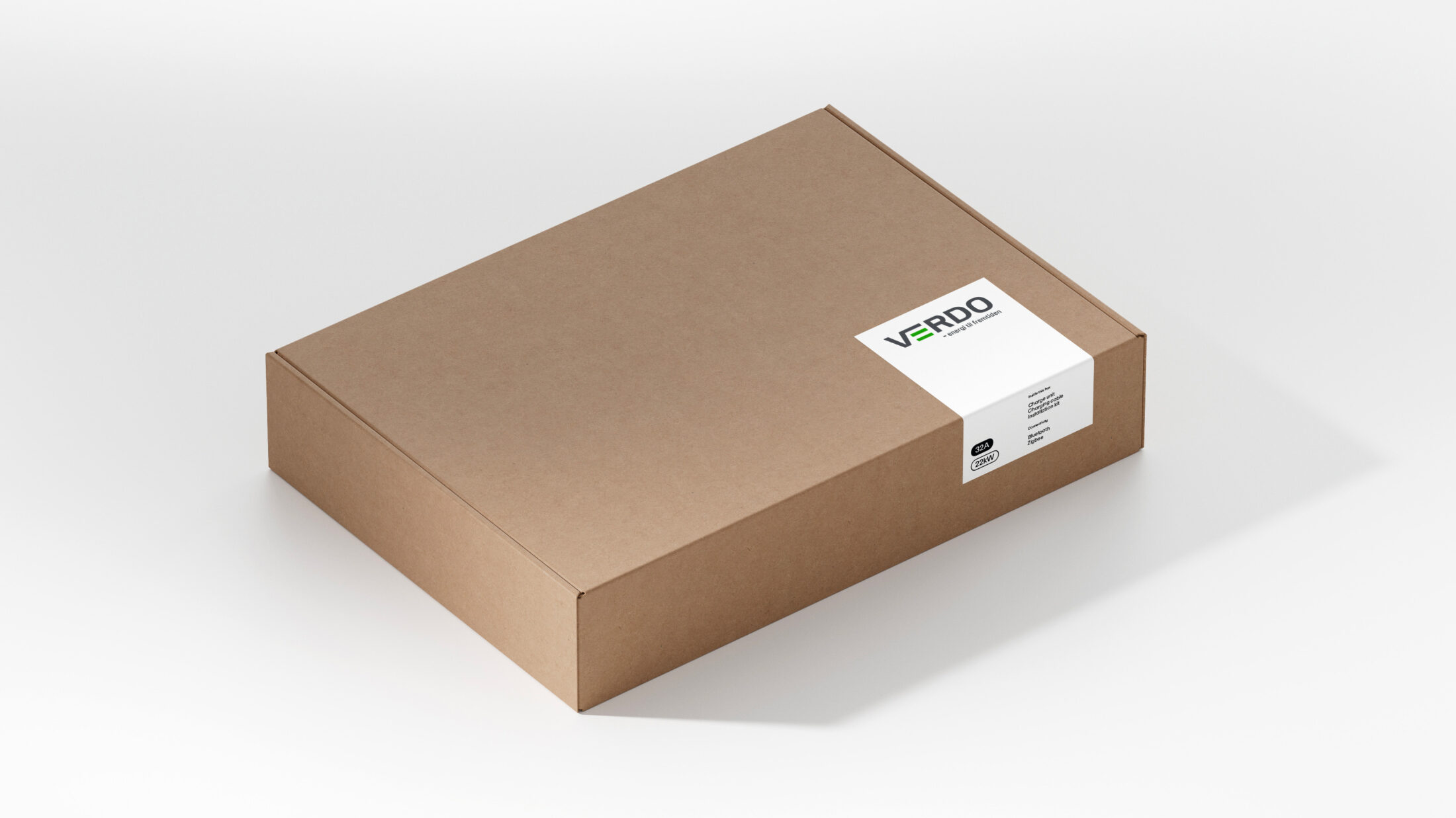 White-label amina EV charger packaging with VERDO branding, illustrating customised hardware delivery for energy and CPO partners.