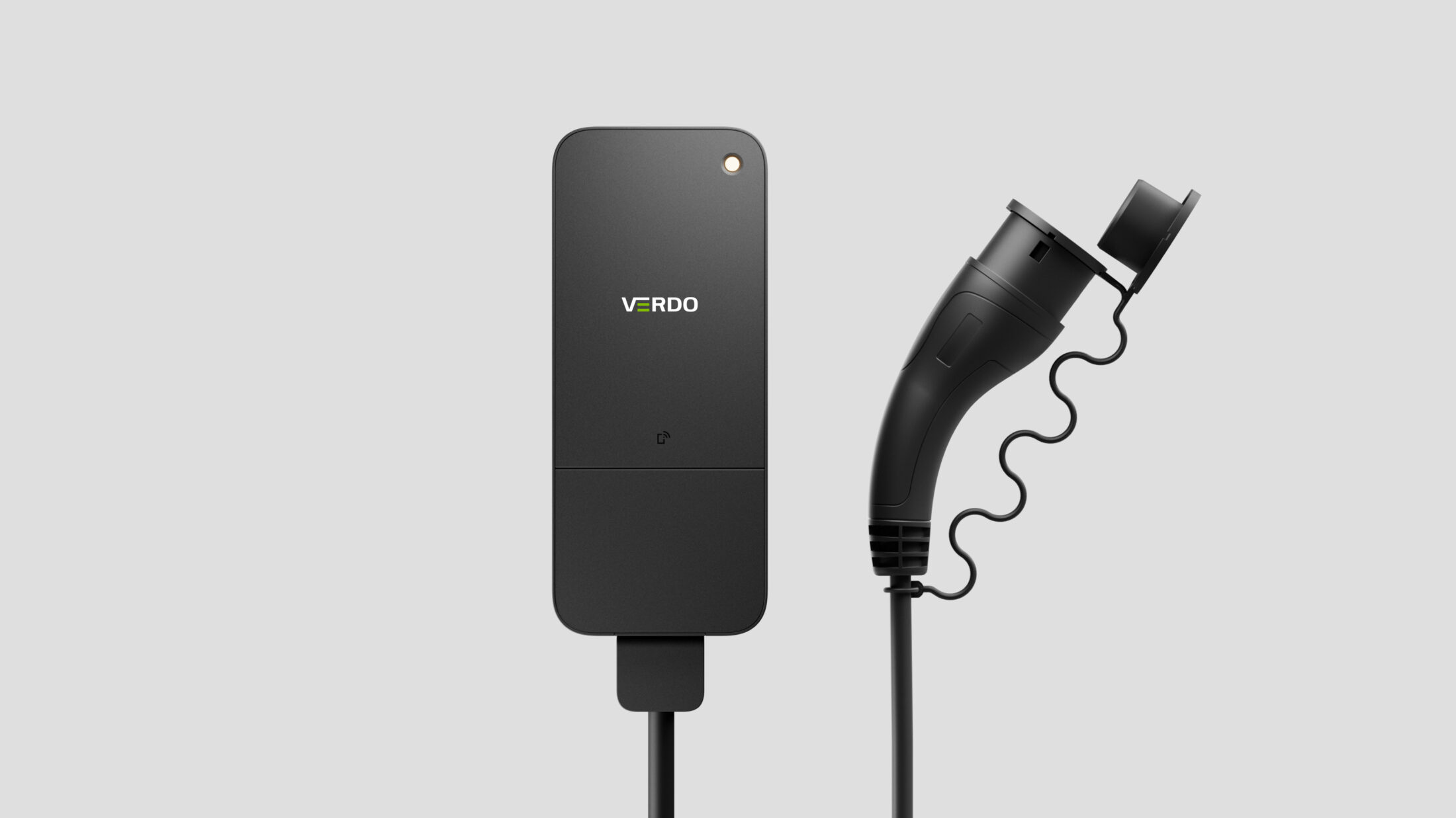 White-label amina wall-mounted EV charger with custom VERDO branding and Type 2 charging cable, demonstrating flexible branding for CPO and energy partners.